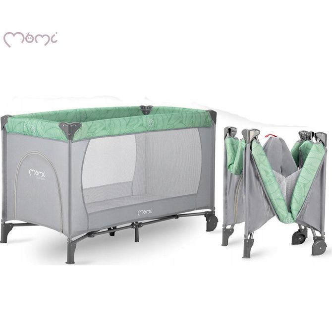 Otroška postelja MoMi BELOVE , potovalna, zložljiva, zaščita pred samodejnim zlaganjem, zaščiteni vogali, kroženje zraka, vhod z zadrgo, torba, 125x78x65 cm, zeleno-siva