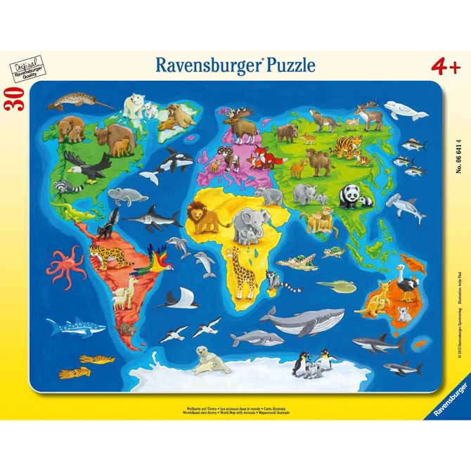 Sestavljanka Ravensburger: Zemljevid sveta z živalmi, 30 kosov, od 4. let