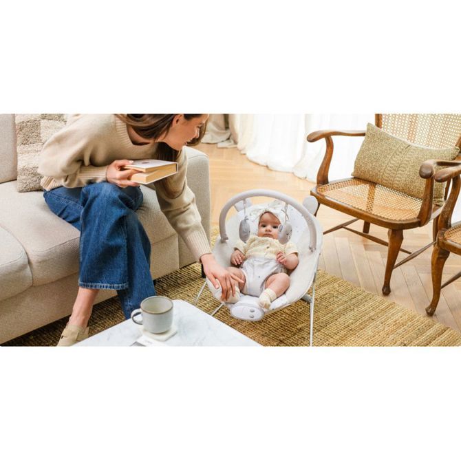MoMi GLOSSY otroški gugalnik / zibelka, 3 načini zibanja, 8 melodij, lok z igračami, 3-točkovni varnostni pas, visokokakovostna tkanina, protizdrsne nogice, moder 5