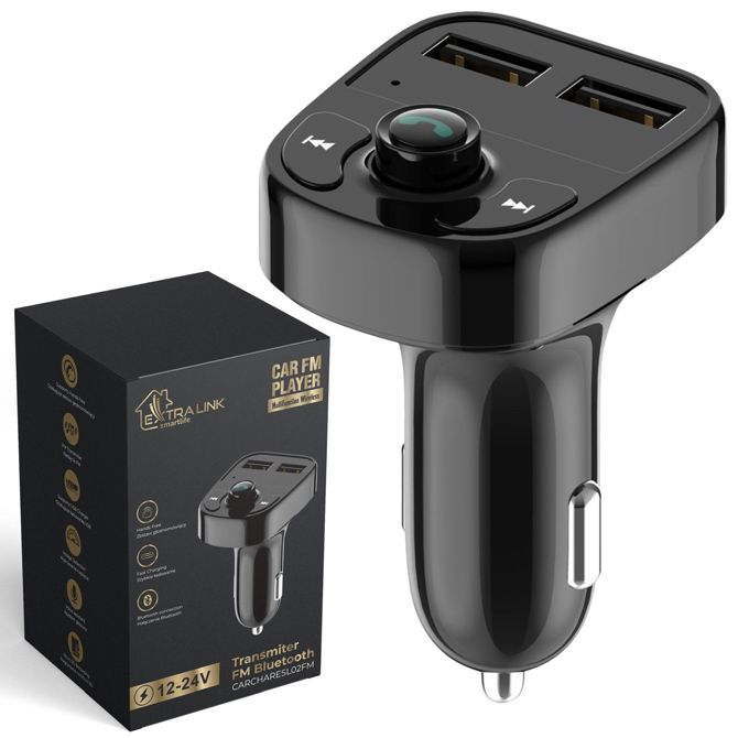 Extralink Smart Life FM oddajnik za avto s funkcijo polnjenja | 2x USB-A | Črna
