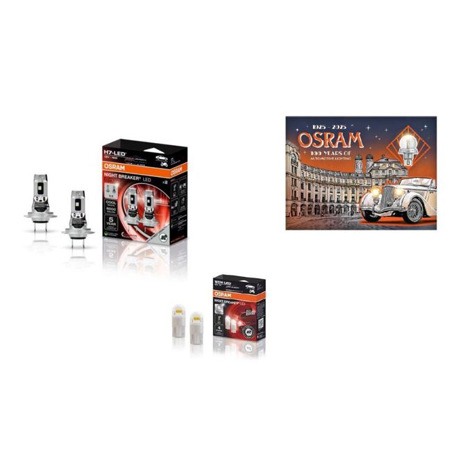 Promo set LED žarnic Osram 510917 2x H7 Night Breaker LED SPEED + 2x  Night Breaker LED W5W +  kovinska tabla Osram 100 let
