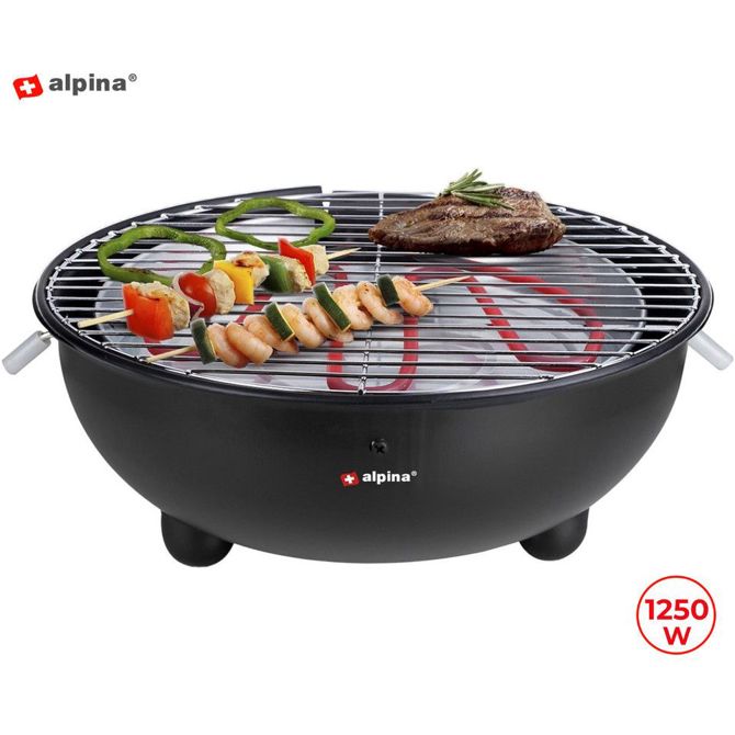 Električni žar ALPINA BBQ, 1250W, okrogel, brez razvoja dima, zunanja + notranja uporaba, odstranljivo stojalo, črn