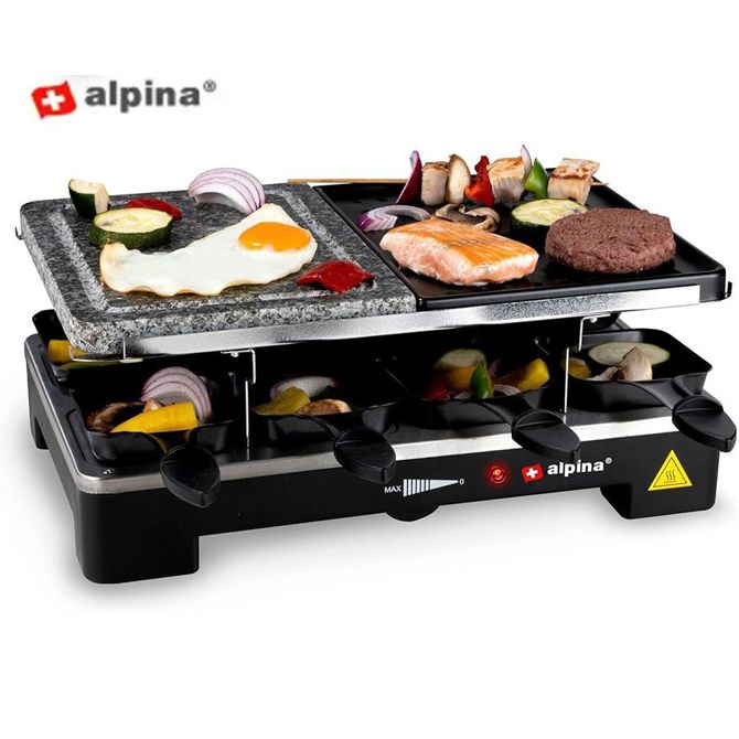 Električni žar / raclette Alpina Grill, 1400 W, kamnita in žar plošča, 8 ponev, nastavljiv termostat, črne barve