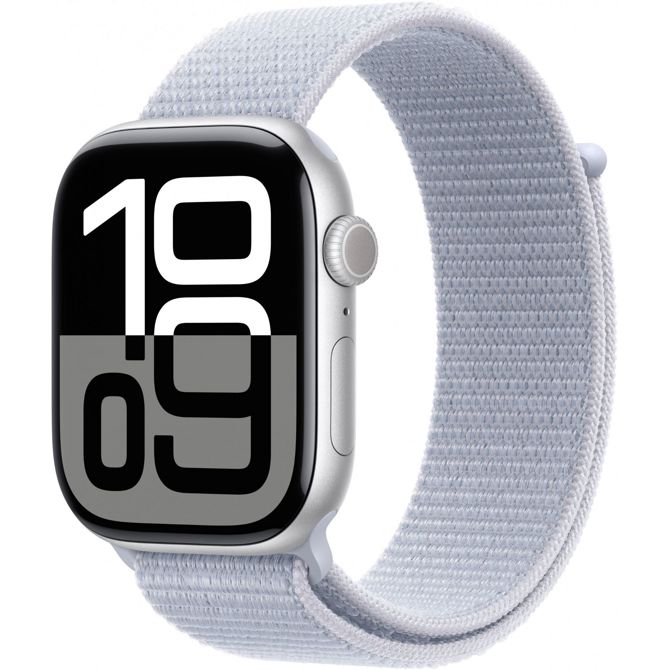 APPLE Watch Series 10 GPS + Cellular 46 mm srebrno aluminijasto ohišje z modro oblačno športno zanko