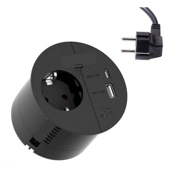 BACHMANN POLNILNI NAPAJALNIK CEE7/3 USB-A/C 22W, 2,0 m, H05VV-F3G1,5 mm kabel.