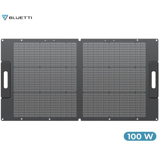 BLUETTI PV100 prenosni solarni panel, 100W moč, polnjenje polnilnih postaj, zložljiva oblika, stojalo, ročaj, UV odpornost, IP67 vodoodpornost, ETFE prevleka, MC4 konektor, črn