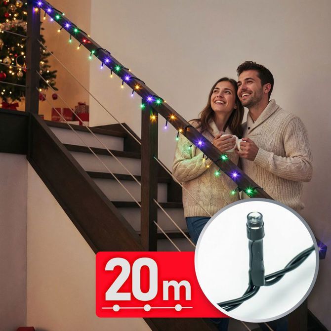Božične LED lučke 20 m – večbarvne, 400 LED, zeleni kabel, 220–240 V zunanje/notranje