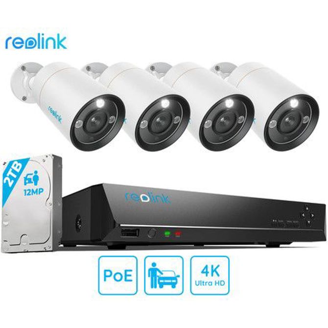 EOL - Reolink RLK8-1200B4-A varnostni komplet, 1x NVR snemalna enota (2TB) + 4x IP kamere B1200, zaznavanje gibanja, 4K Ultra HD+, IR LED, dvosmerna komunikacija, aplikacija, IP66