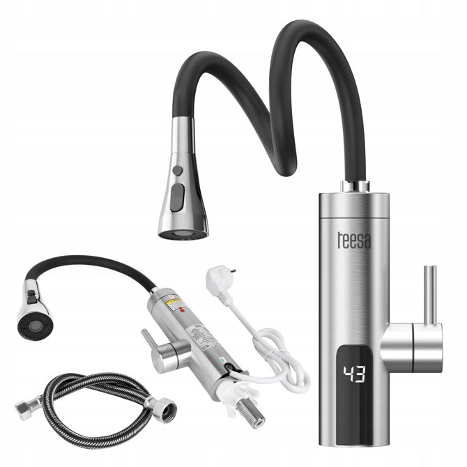 Inox LCD kuhinjski pretočni električni grelnik vode Teesa, 3000 W, fleksibilen izliv 360°, LED zaslon, IPX4