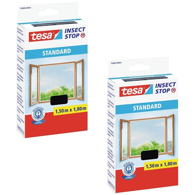 komarnice tesa Insect Stop STANDARD za okna v paketu 2 - zaščito proti mrčesu je možno razrezati - zaščita proti komarjem brez vrtanja - 1 x mreža proti komarjem bela - 150 cm x 180 cm tesa STANDARD 55680-00500-04 okenska mreža za zaščito pred insekti   (