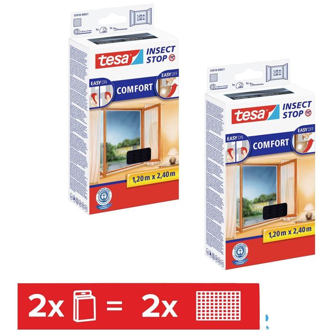 komarnik tesa Insect Stop COMFORT za okna od tal do stropa v paketu 2 kom - samolepilna zaščita proti mrčesu - komarnica brez vrtanja - antracit (prozorno) tesa COMFORT 55918-00500-01 okenska mreža za zaščito pred insekti   (Š x V) 120 cm x 240 cm antraci
