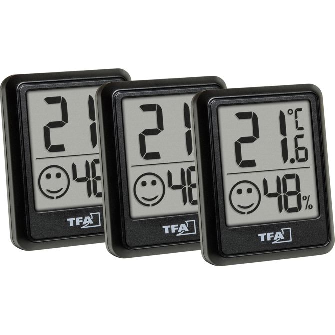 Komplet 3 digitalnih termo-higrometrov TFA Dostmann 30.5060.01.03, merjenje temperature in vlažnosti, indikator cone udobja, črne barve