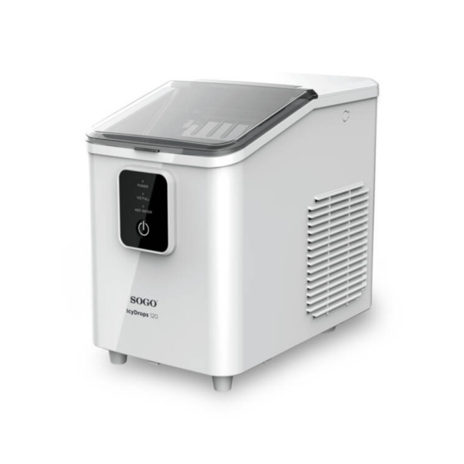 Ledomat Sogo MHE-SS-12045, 12 kg/dan, 8 kock/7–15 min, 1,8 L rezervoar, samodejno čiščenje, indikatorji, vedro in zajemalka, bel