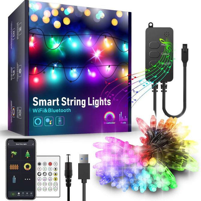 Pametne božične lučke - USB - 50 RGB LED - 5 m - Wi-Fi, Bluetooth, odzivajo na glasbo