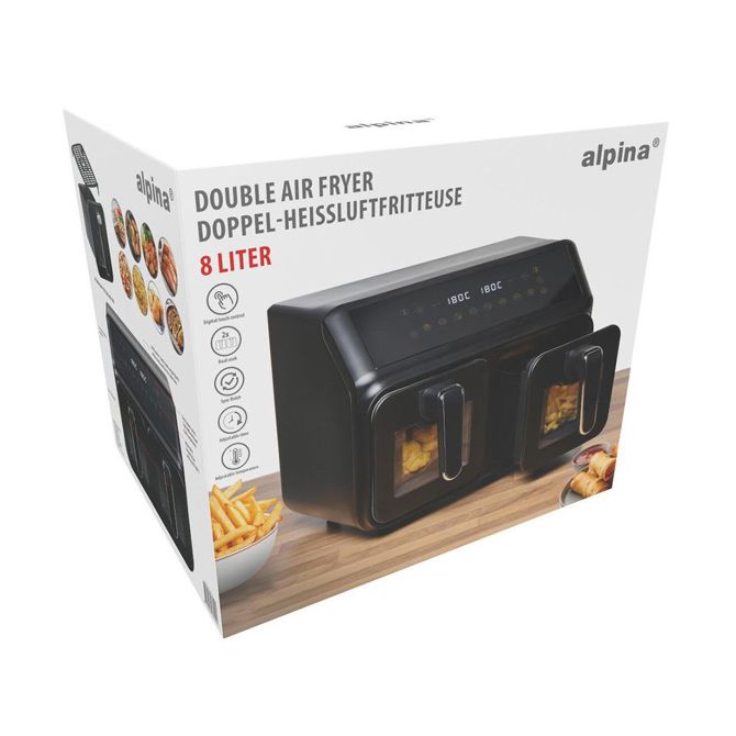 Cvrtnik/friteza na vroč zrak Alpina Double XXL, 8 l, 2200 W, 2 x posoda, digitalni časovnik/timer, sinhronizacija, samodejni izklop, brez olja, 80 % manj maščob, črn 5