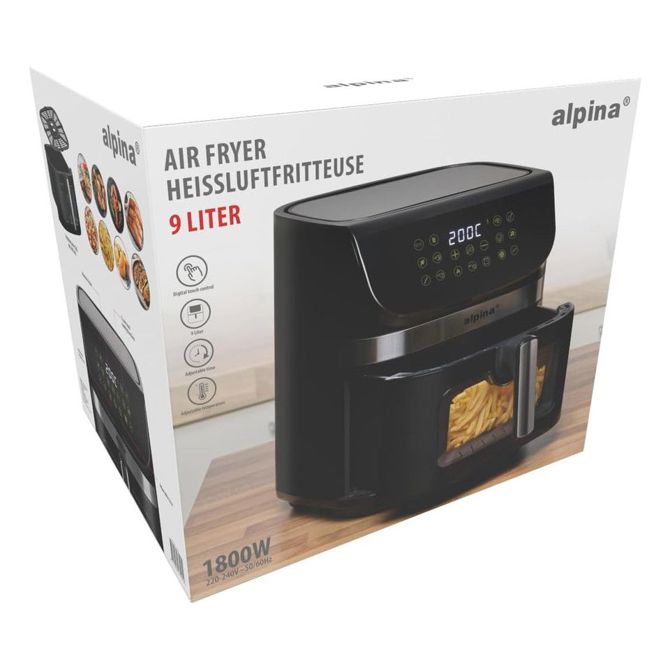 Cvrtnik/friteza na vroč zrak Alpina XXL, 9 l, 1800 W, digitalni časovnik/timer, samodejni izklop, brez olja, 80 % manj maščob, črn 5