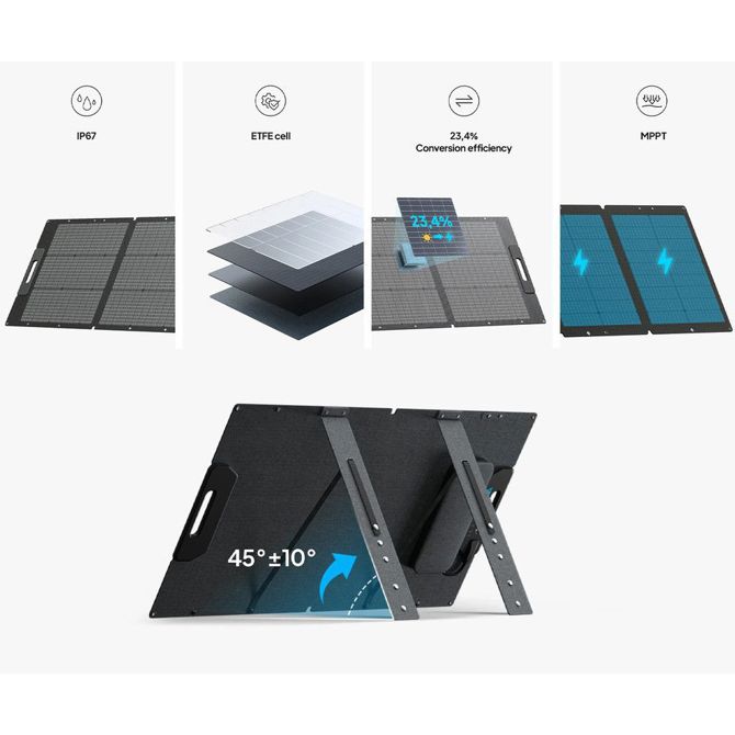 BLUETTI PV100 prenosni solarni panel, 100W moč, polnjenje polnilnih postaj, zložljiva oblika, stojalo, ročaj, UV odpornost, IP67 vodoodpornost, ETFE prevleka, MC4 konektor, črn 2