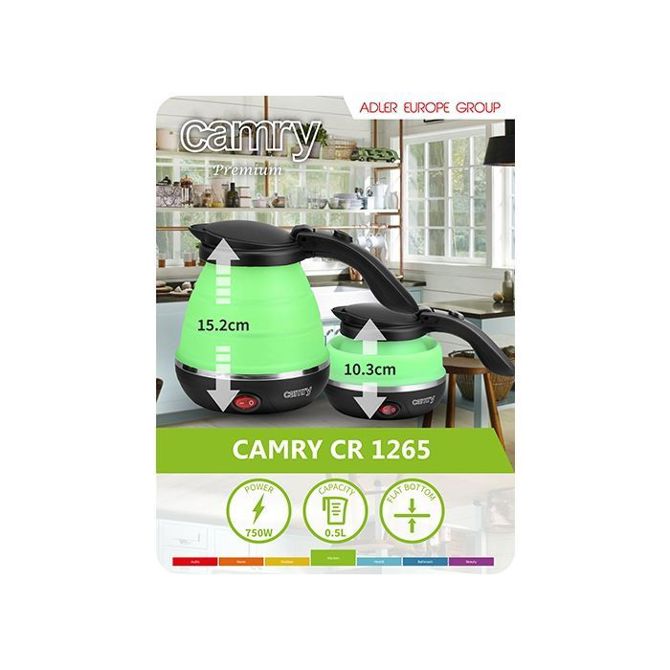 Potovalni grelnik vode Camry CR 1265, zložljivo silikonsko ohišje, 750 W, 0,5 l, črno-zelen 2