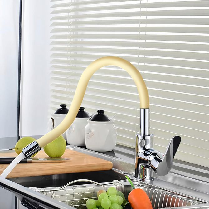 FLEX enoročna kuhinjska kromirana armatura z gibljivo cevjo bež 360° 5