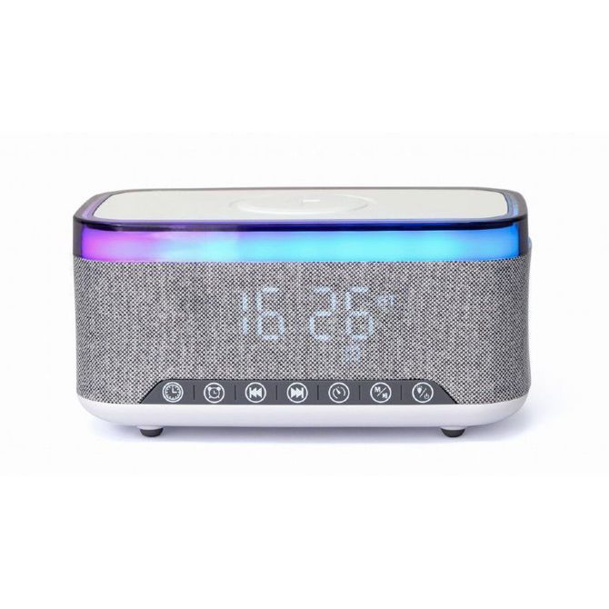 Gembird DAC-SPKBT-QC15-GR digitalna budilka s funkcijo brezžičnega polnjenja, Bluetooth zvočnik RGB bel/siv 3