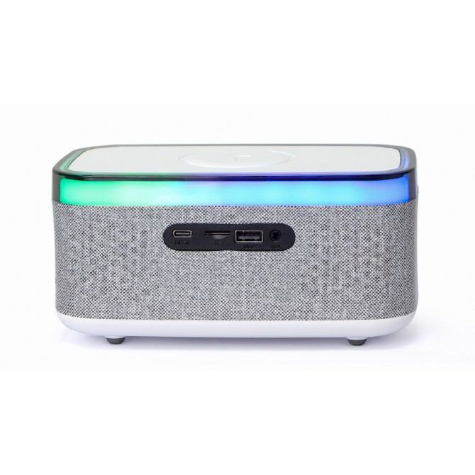Gembird DAC-SPKBT-QC15-GR digitalna budilka s funkcijo brezžičnega polnjenja, Bluetooth zvočnik RGB bel/siv 4