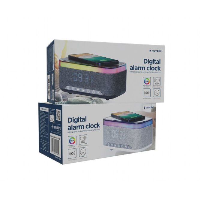 Gembird DAC-SPKBT-QC15-GR digitalna budilka s funkcijo brezžičnega polnjenja, Bluetooth zvočnik RGB bel/siv 5