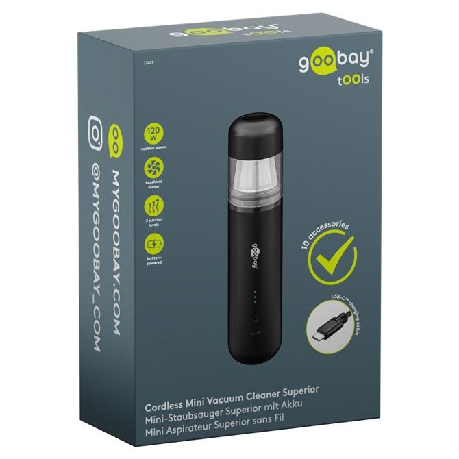 Ročni sesalnik Goobay Superior mini brezžični 120W 20kPa, 7 nastavkov, Li-ion baterija 4