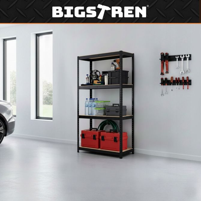 Kovinski skladiščni regal Bigstren, 150 × 75 × 30 cm, 4 police, nosilnost 175 kg na polico, brezvijačna montaža, črne barve 5