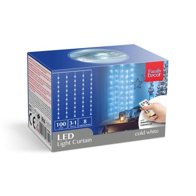 LED svetlobna zavesa 3 × 1 m – 100 hladno belih lučk, 8 načinov, IP44 primerna na prostem 4