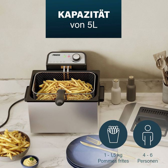 Princess  friteza 5 l 3270 W premaz proti sprijemanju, zašcita pred pregrevanjem srebrna, črna 4