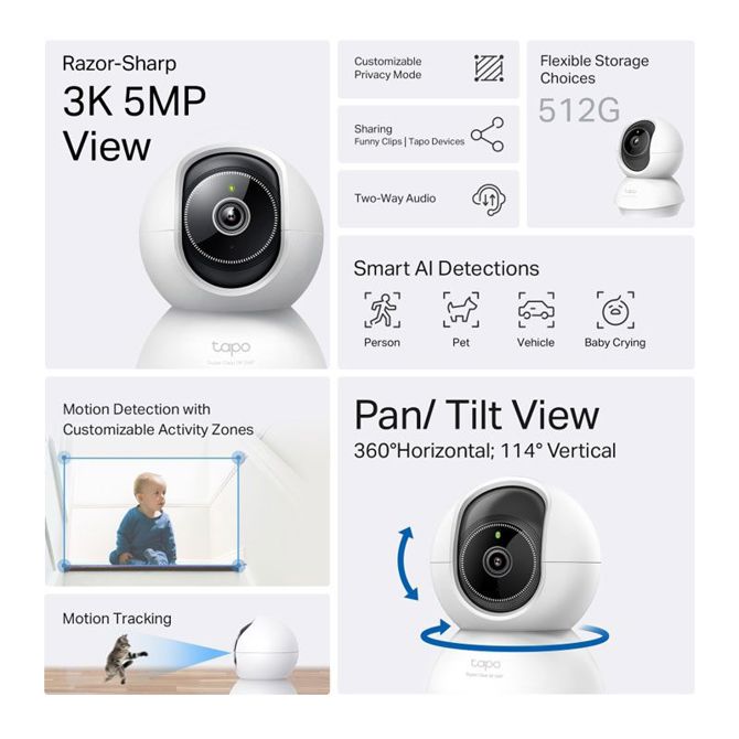 Varnostna kamera TP-LINK Tapo C230 5MP 3K nagib/vrtenje Wi-Fi notranja nadzorna kamera 3