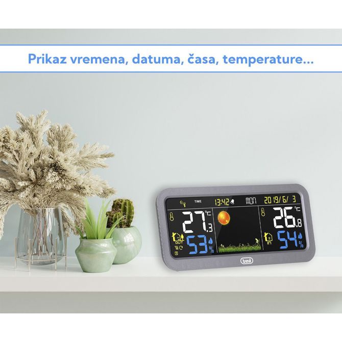 TREVI ME 3P20 RC brezžična vremenska postaja z zunanjim senzorjem, velik barvni zaslon, ura, alarm, barometer, siva 2