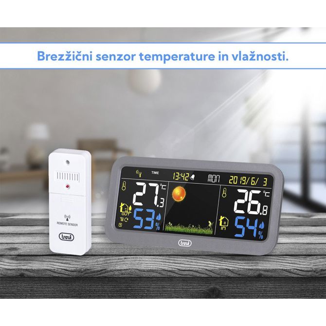 TREVI ME 3P20 RC brezžična vremenska postaja z zunanjim senzorjem, velik barvni zaslon, ura, alarm, barometer, siva 3