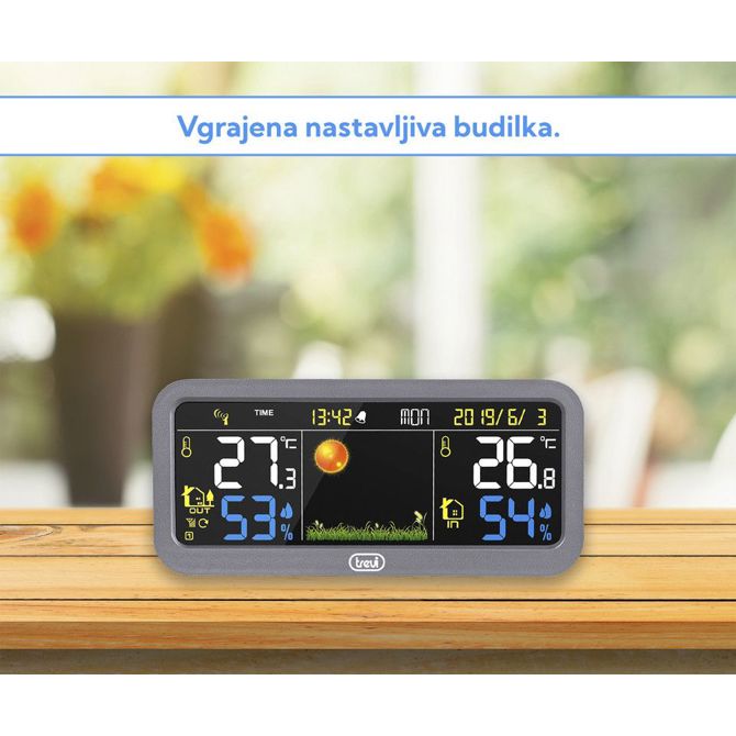 TREVI ME 3P20 RC brezžična vremenska postaja z zunanjim senzorjem, velik barvni zaslon, ura, alarm, barometer, siva 4