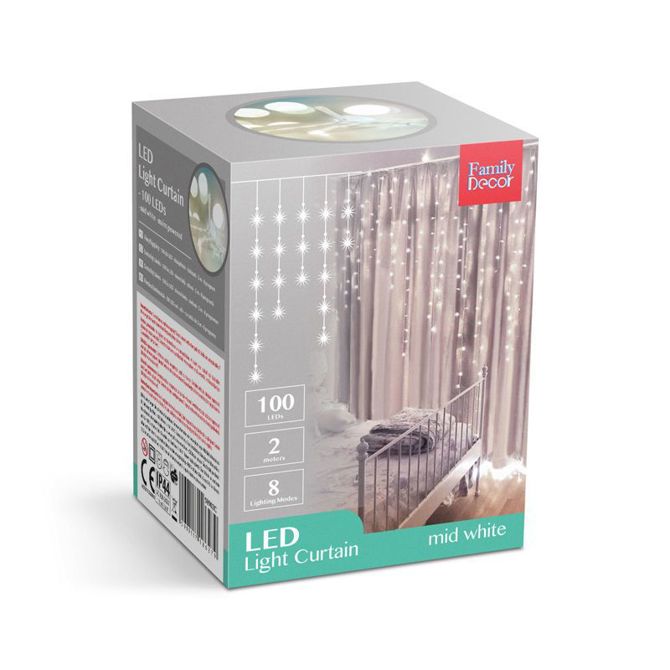 Zunanja svetlobna zavesa s 100 LED diodami 2,2m, bela, omrežno napajanje, IP44 - 8 programov 6