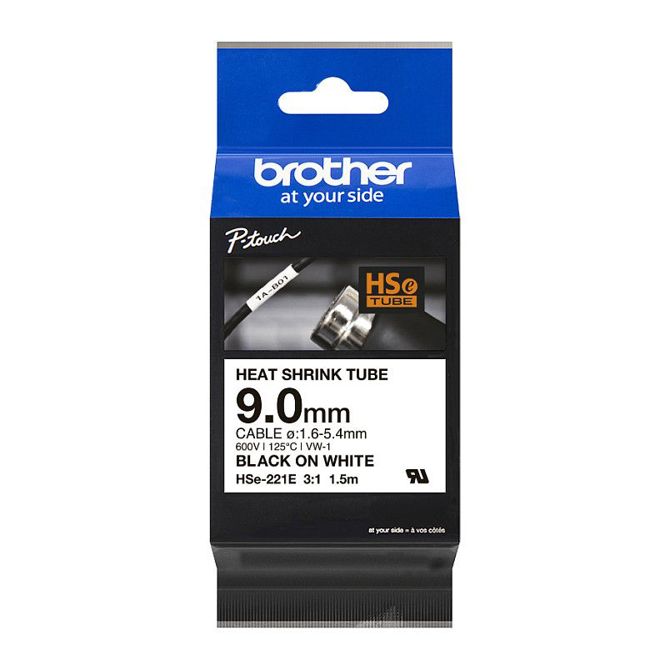 BROTHER HSE-221E kaseta s termoskrčljivo cevko bela/črna 9,0 mm 1,5 metra