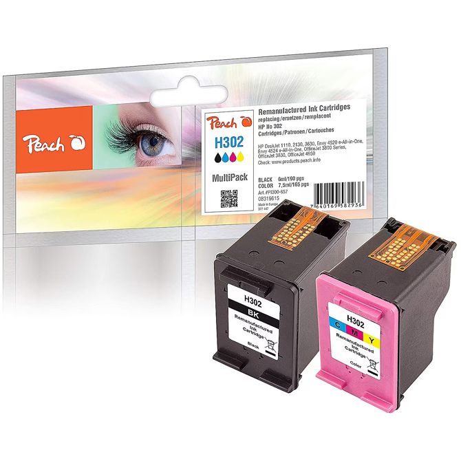 Črnilo za tiskalnik Peach PI300-657, komplet črno + barvno, združljivo s HP 302 (F6U66A, F6U65AE), za DeskJet/Envy/OfficeJet