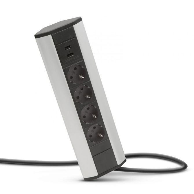 Delight 20484  4 x 250V, 16A, 2 x USB 1,5m mrežni razdelilnik 4DIN 1,5 m aluminij črn