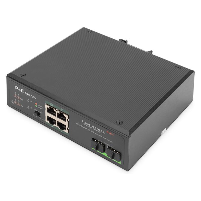 DIGITUS 4-portno gigabitno industrijsko PoE stikalo, neupravljano + 2 SFP uplink