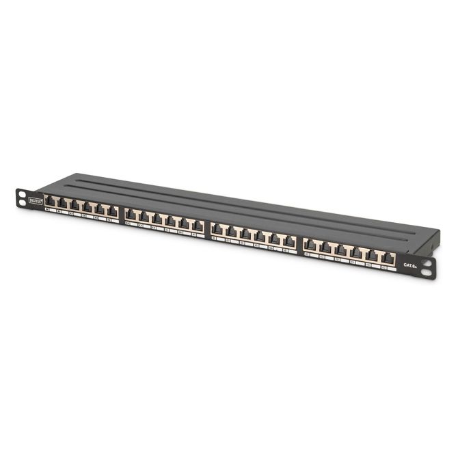 DIGITUS patch panel 0.5U 24-port Cat6a oklopljen črne barve