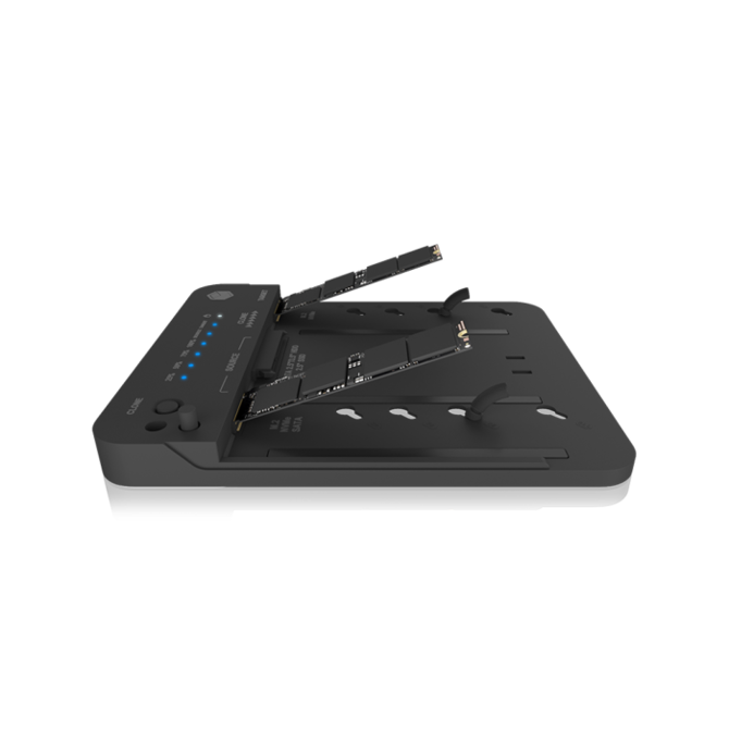 Docking postaja za prenosnike Icy Box IB-2913MCL-C31 (črna, za 2,5/3,5 SATA in M.2 NVMe, kloniranje brez računalnika, USB-C/USB-A 3.2 Gen 2, LED indikator)