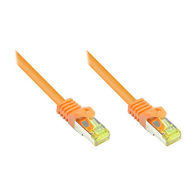 GoodConnections RJ45 povezovalni kabel s surovim kablom kategorije 7 in zaščito z zaklepnim jezičkom (), S/FTP, PiMF, brez halogenov, 500 MHz, OFC, oranžen, 0,25 m