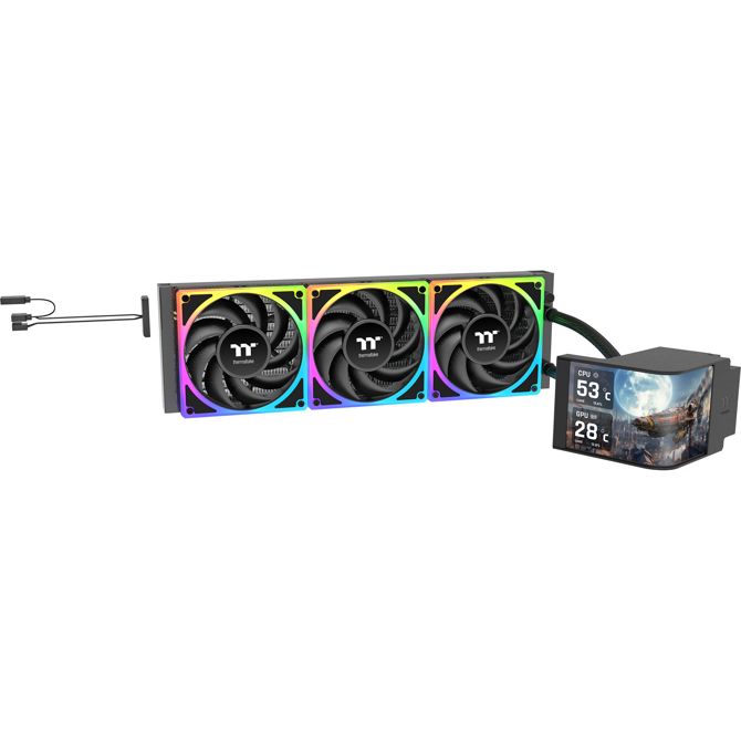 Hladilnik za računalnike Thermaltake MAGCurve 360 Ultra, AIO vodno hlajenje, ARGB, 3x 120 mm ventilatorji, OLED zaslon, podpora Intel/AMD