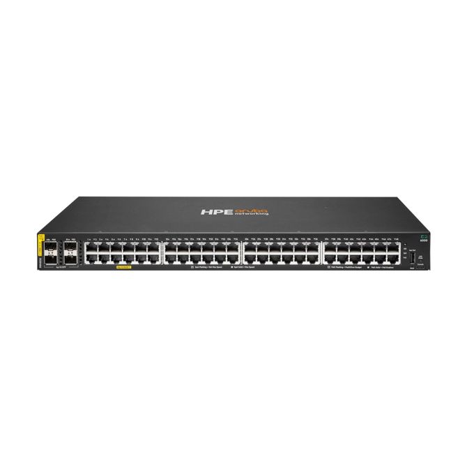 Stikalo HPE Aruba Networking CX 6000, 48-portni 10M/100M/1G switch (omrežni preklopnik) z PoE razreda 4, 4x SFP 1G in 370W PoE proračunom.