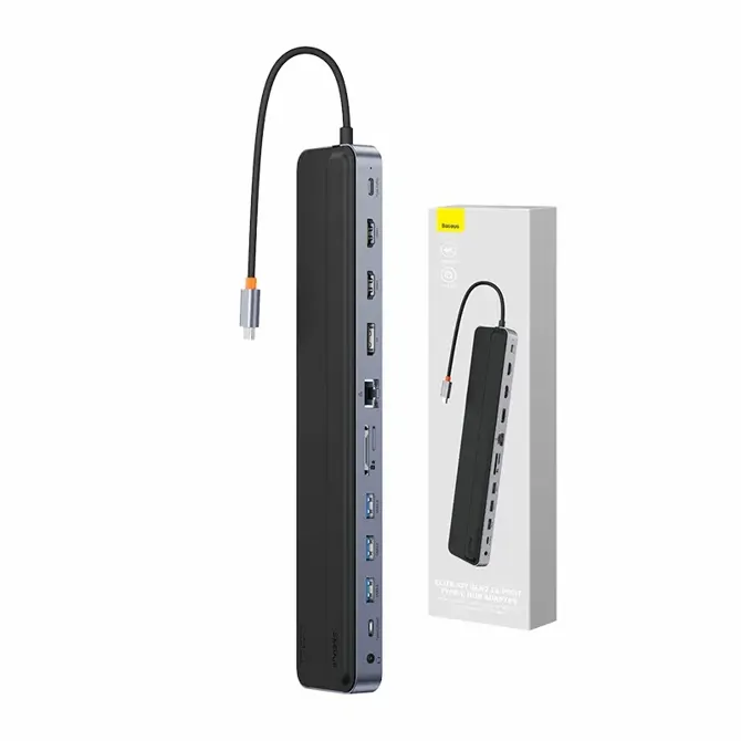 Hub 12w1 Baseus EliteJoy Gen2 series USB-C do 2xHDMI+ 3xUSB 3.0+ PD+ DP+ SD/TF+ RJ45+Type-C+ 3,5 mm (temno siva)