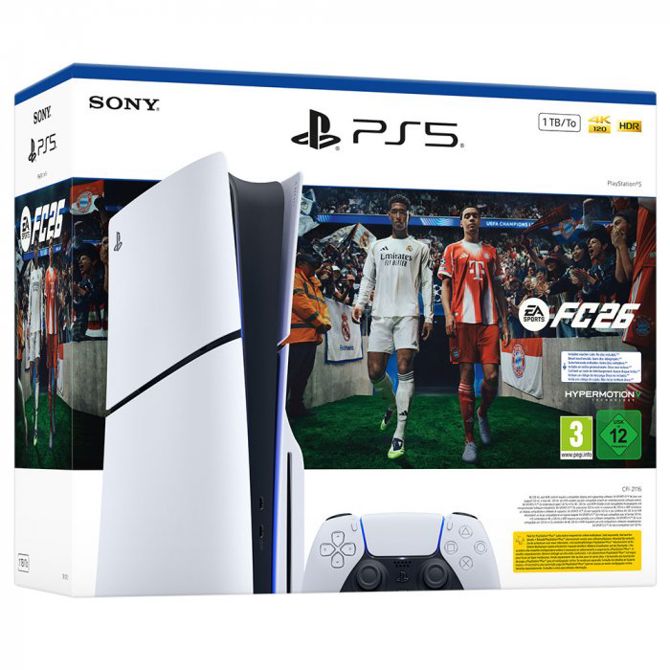 Igralna konzola Sony Interactive Entertainment PlayStation 5 Slim E-Chassis, vključno z FC26 (bela/črna)