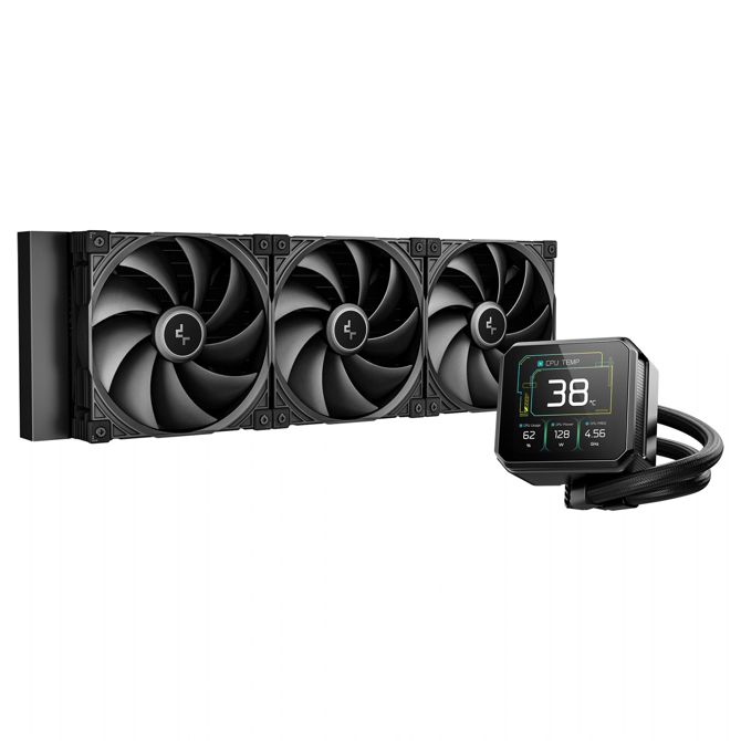 Hladilnik za računalnike DeepCool SPARTACUS 420, vodno hlajenje, 3x 140 mm ventilatorji, LED osvetlitev, podpora LGA1700/AM5, TFT zaslon 3,4