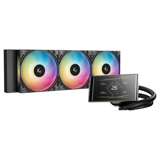 Hladilnik za računalnike DeepCool LT360 VISION ARGB, vodno hlajenje, 12 cm ventilator, LCD zaslon, podpora podnožjem LGA/AM4/AM5, LED osvetlitev