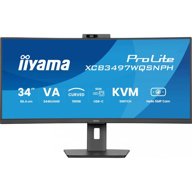 Monitor Iiyama ProLite XCB3497WQSNPH-B1 86,4 cm (34), UWQHD, VA, ukrivljen, KVM, USB-vozlišče, USB-C, spletna kamera, 120Hz zaslon, črna