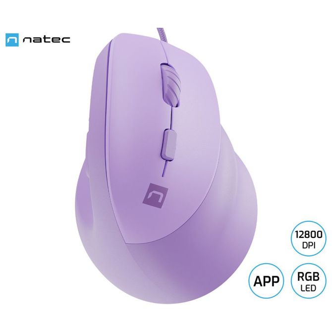Vertikalna žična miška Natec CRAKE 2 PRO , ergonomska, 12800DPI, 6 gumbov, tiha stikala, RGB LED osvetlitev, programska oprema, pomnilnik, 150cm pleteni kabel, za desničarje, vijolična